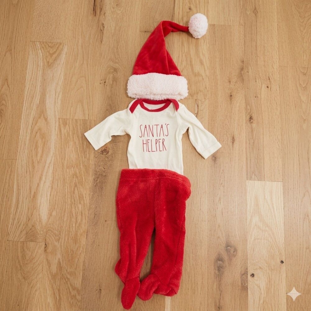 Rae Dunn Baby Christmas Outfit Set Santa's Helper Bodysuit Pants Hat Size 0-3M
